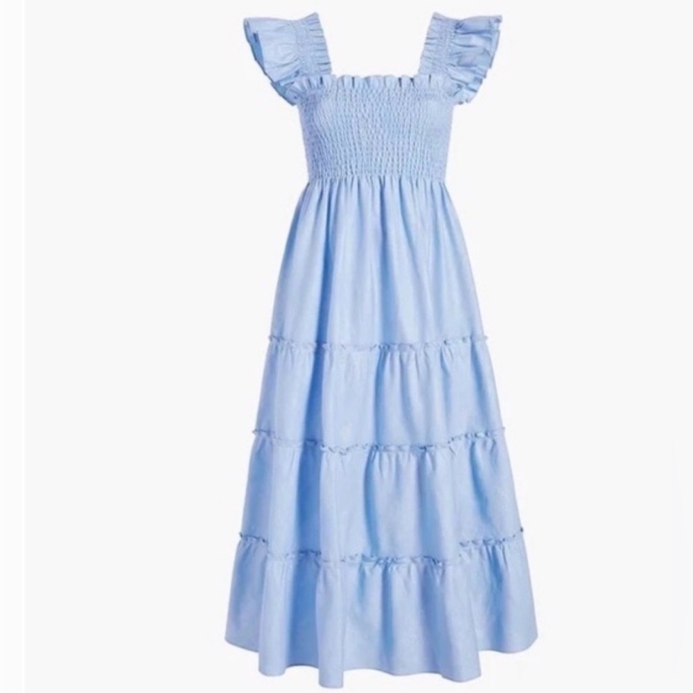 Hill House Ellie Nap Dress Women’s Size XS Light Blue Glitter Check Ruffle EUC
